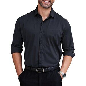 Navy Blue Men Long Sleeve Wrinkle Free Textured Button Down Dress Shirt